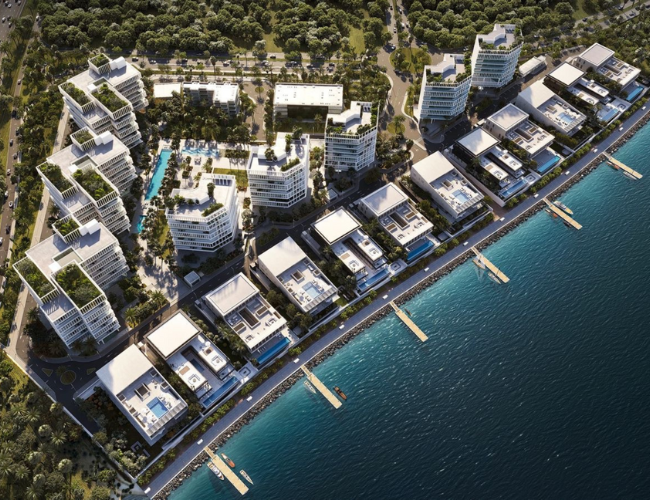 Detaillierte 3D-Visualisierung eines modernen Stadtquartiers mit luxuriösen Gebäuden, Villen mit Privatpools und direktem Zugang zum Wasser, gelegen an einer Küstenstraße mit üppiger Begrünung.