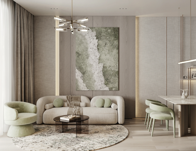 Fotorealistische 3D-Visualisierung eines offenen Wohn- und Essbereichs mit Designermöbeln in Naturfarben, Marmor-Esstisch und stilvoller Wandgestaltung.