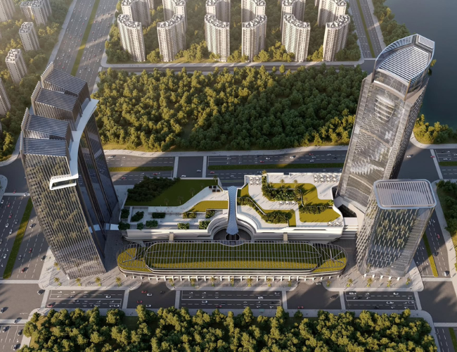 3D-Visualisierung eines urbanen Stadtquartiers mit modernen Hochhäusern, begrünten Dachflächen und integrierter Verkehrserschließung aus der Vogelperspektive.