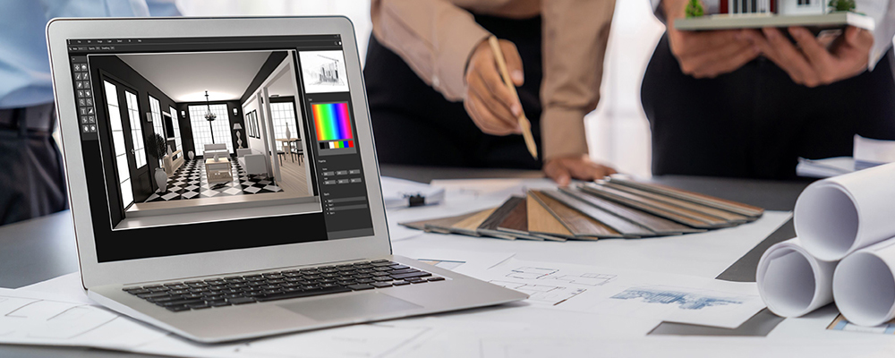 Group of interior architect designer discussing together on blueprint and laptop screen display architecture software for more precise designing layout. Modern home design and renovation.