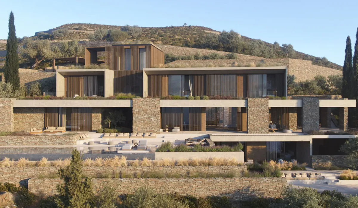 aussenvisualisierung-beispiel Architektonisch gestaltete Luxusvilla in Hanglage mit Natursteinfassade, klaren Linien, Terrassenlandschaft und mediterranem Umfeld.
