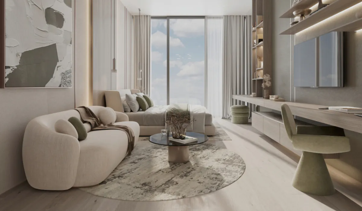 innenvisualisierung-beispiel Modern eingerichtetes Studio-Apartment mit Designmöbeln, Schlafbereich und bodentiefer Fensterfront in heller, beruhigender Farbgebung.